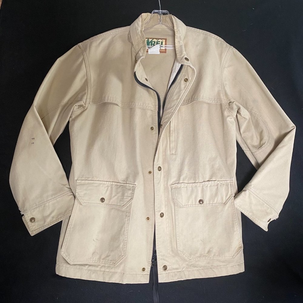 Vtg Rei Co Op Beige Utility Cargo Jacket/Coat Mens Xl (Packed Hood) Heavy Canvas